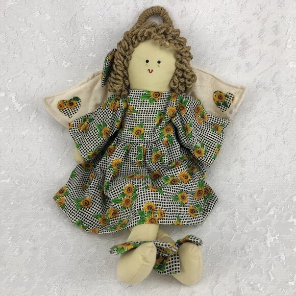 Vintage Cloth Doll Angel Dressed in Checkered and Sunflower Dress with Bows 16” - Picture 1 of 14